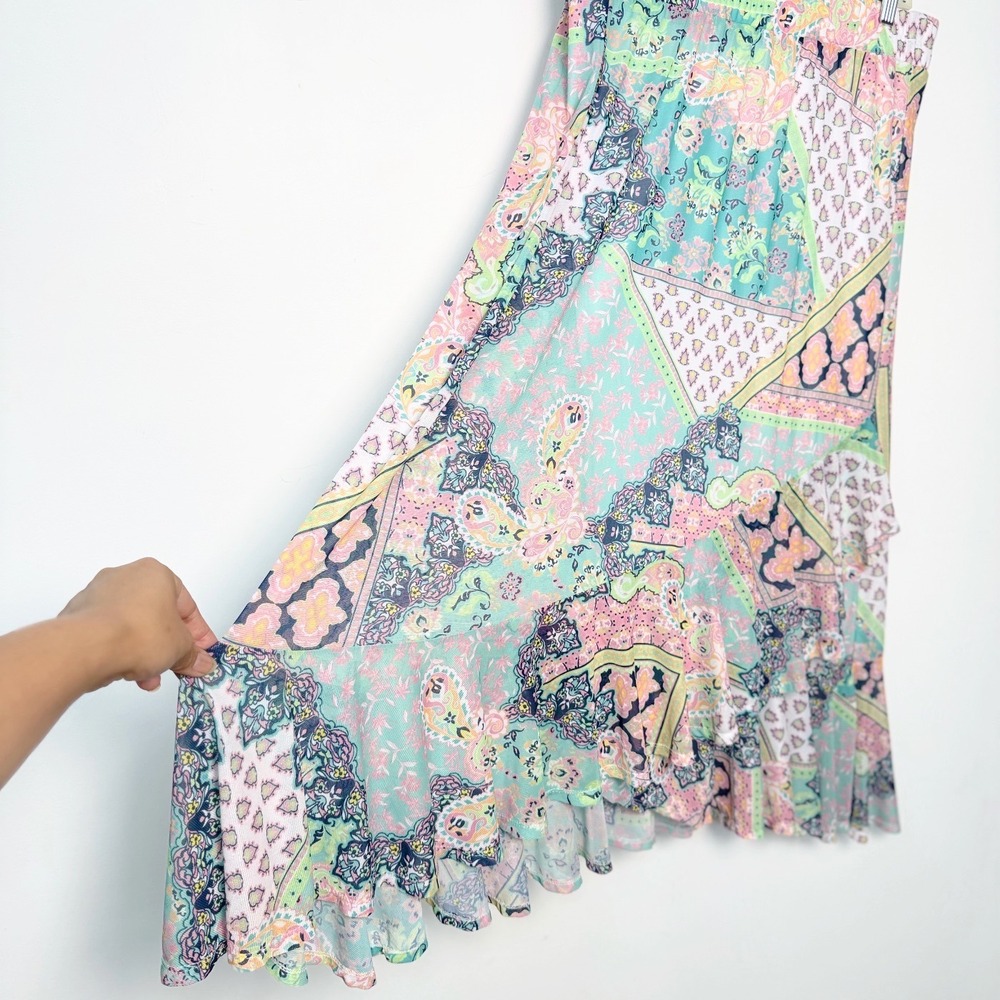 Ruby Rd Pastel Paisley Patchwork Boho Skirt Large Mesh Ruffle Asymmetrical - Picture 3 of 10